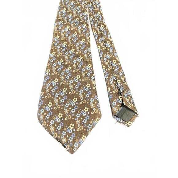 Bruno Piattelli Pure Silk Floral Tie – Brown with Blue & Cream Flowers - Picture 2 of 3